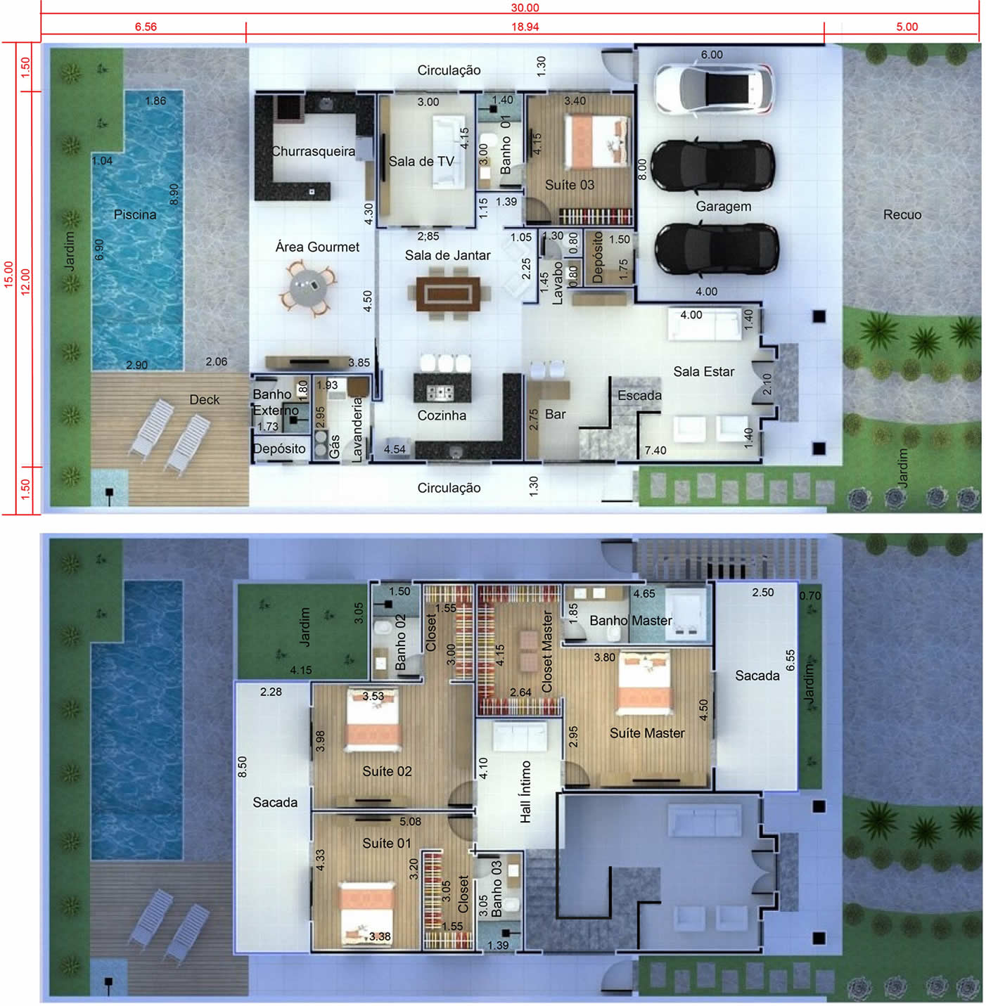 Plano de casa neoclásica moderna15x30