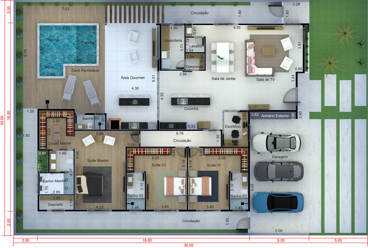 Plano de planta baja para terreno grande20x30