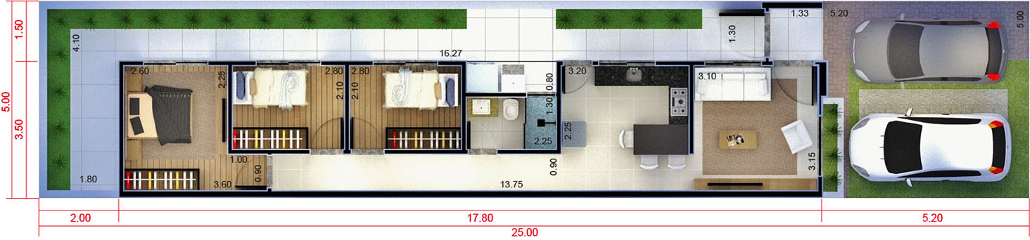 Plano de casa popular de 3 dormitorios5x25