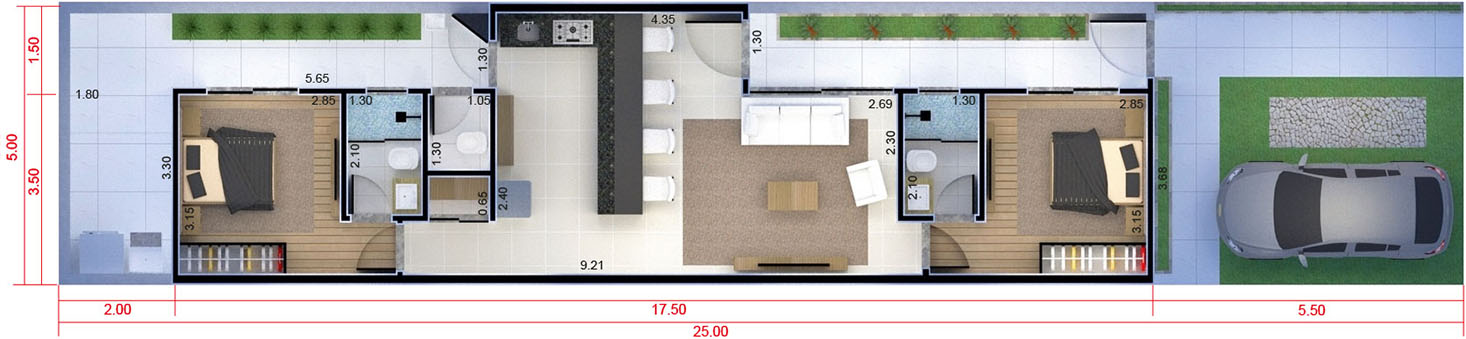 Plano de casa popular de 2 habitaciones5x25