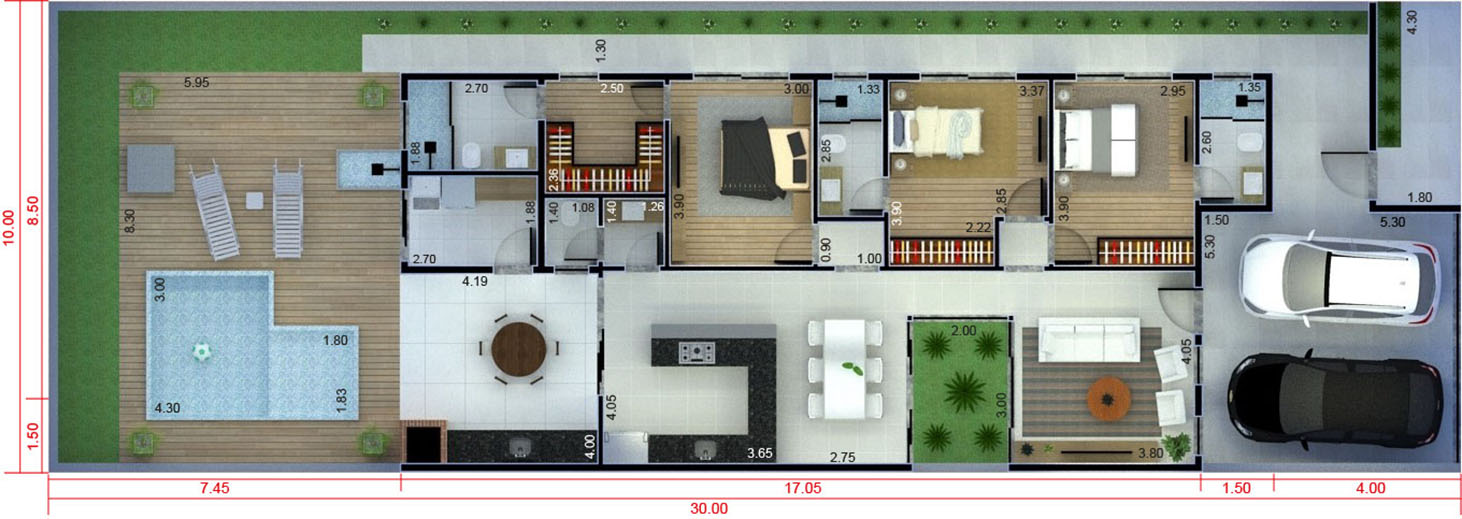 Plano de casa baja con techo a la vista10x30