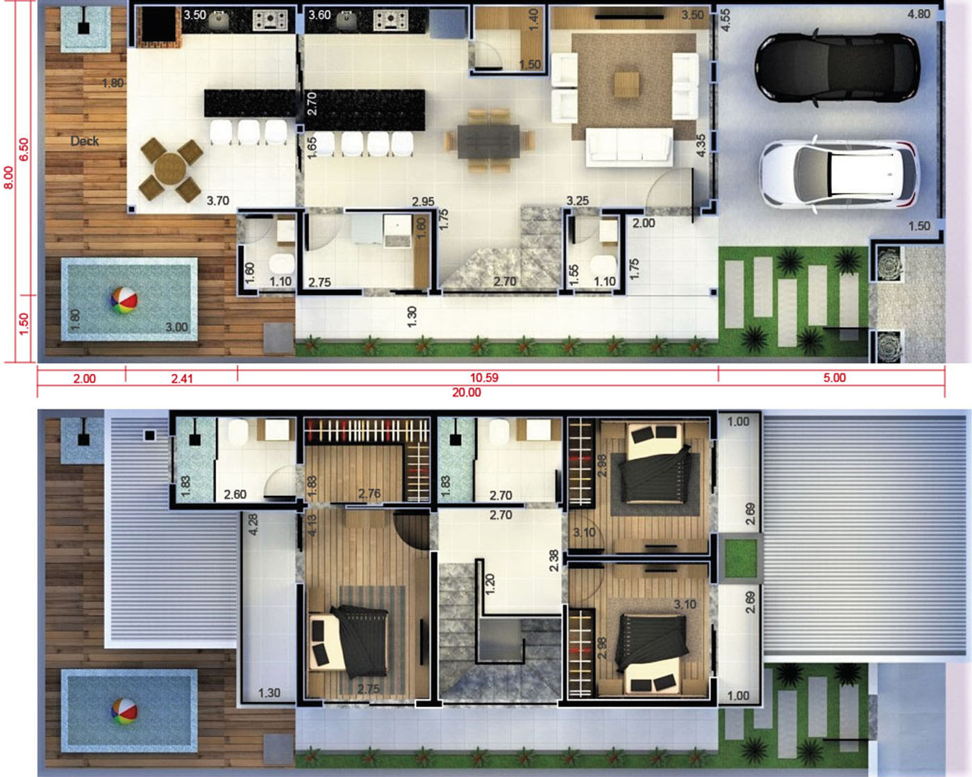 Plano de casa con 2 dormitorios y 1 suite8x20