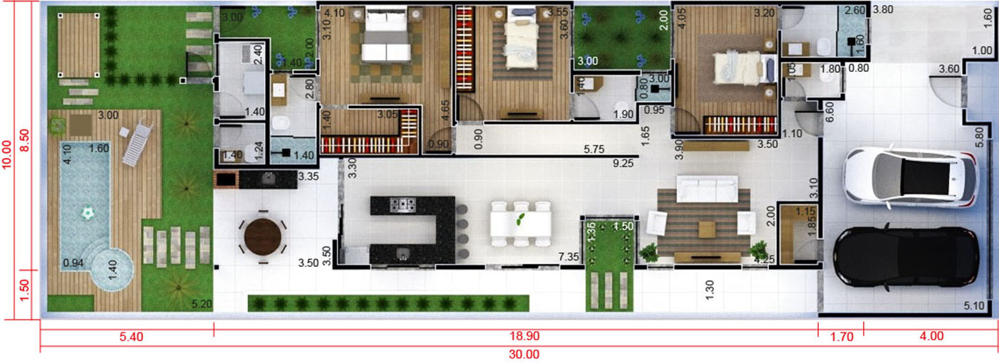 Plano de casa de 3 habitaciones10x30