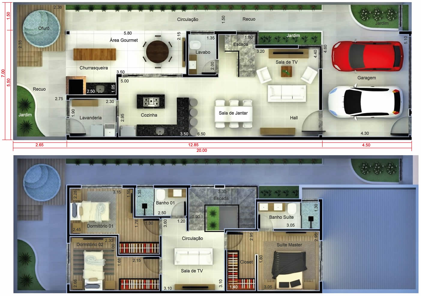 Plano de sobrado con deck y ofuró7x20