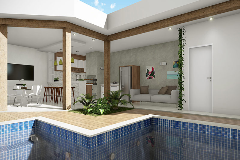 Plano de casa con edificación y piscina