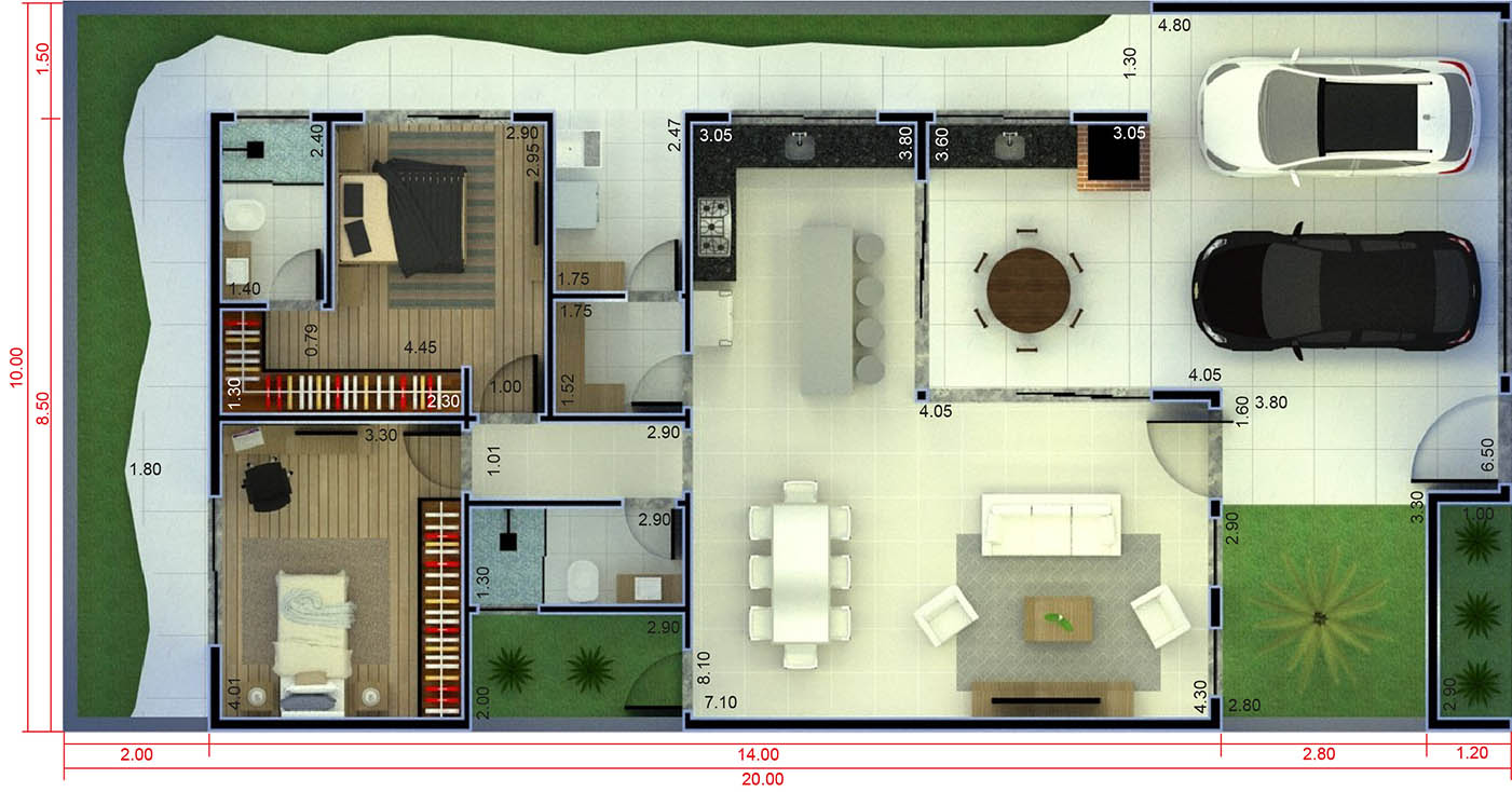 Plano de casa con barbacoa en frente10x20