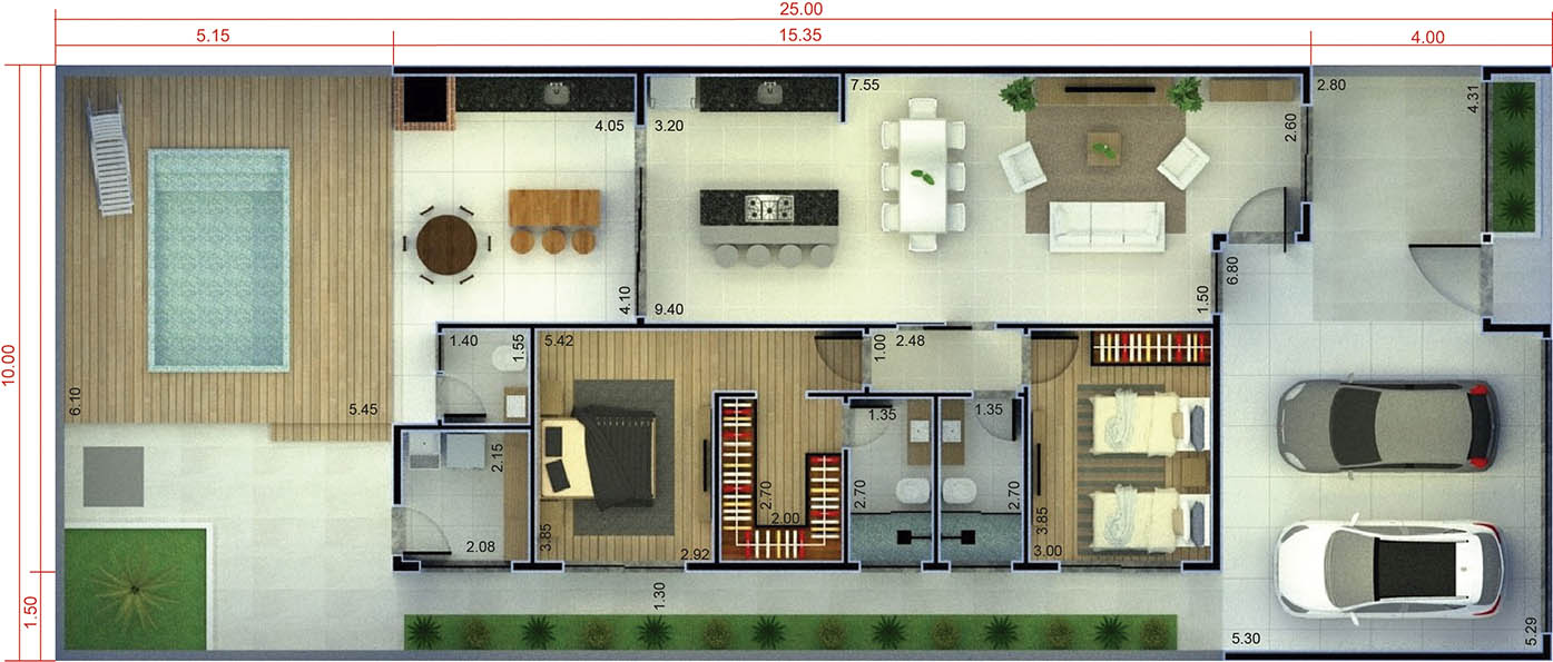 Plano de casa con 1 dormitorio y 1 suite10x25