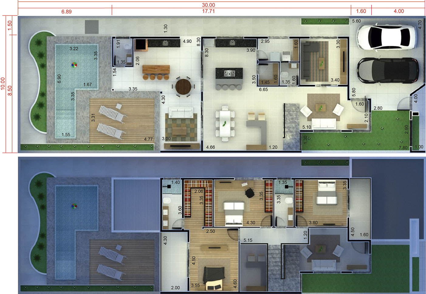 Plano de casa con entresuelo en la sala10x30