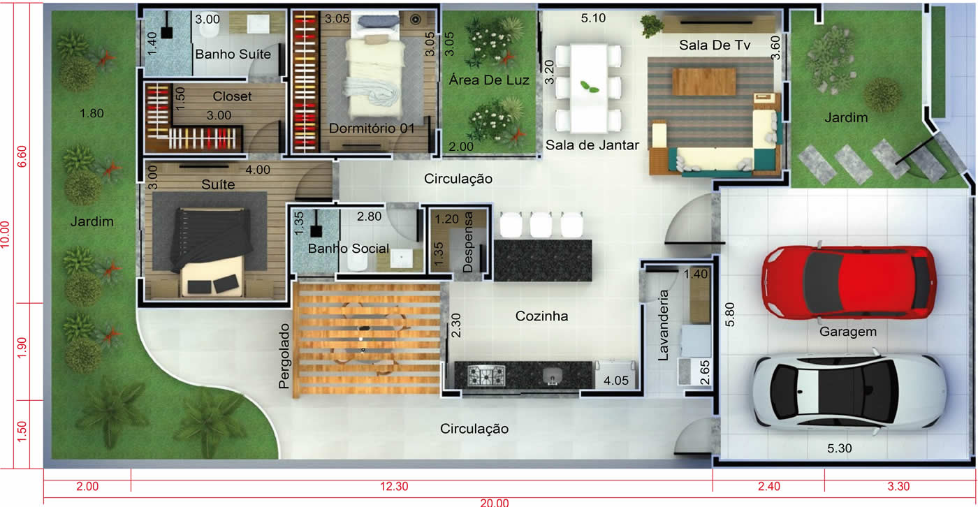 Plano de casa moderna con 2 dormitorios10x20