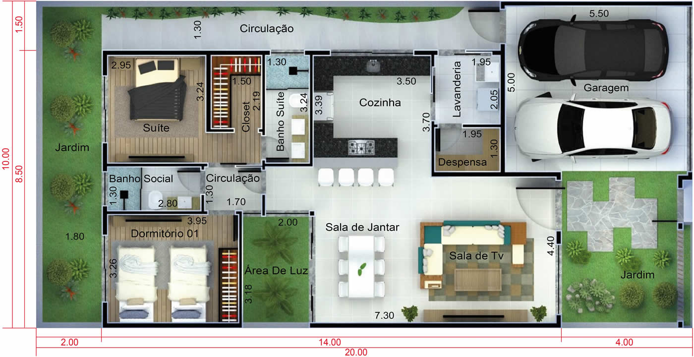 Plano de casa con 2 baños10x20