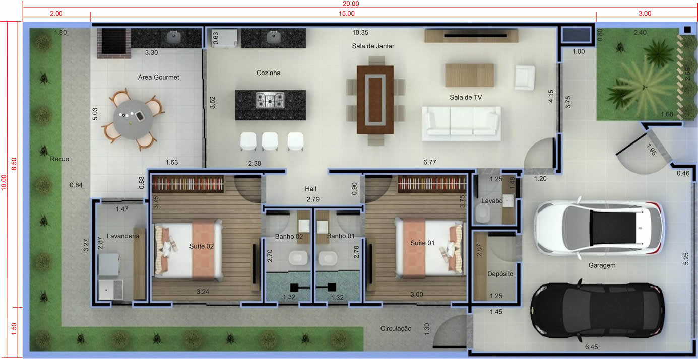 Plano de casa con 2 dormitorios10x20