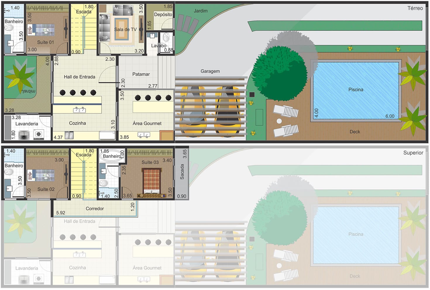 Plano de casa con cottage y 3 suites10x30