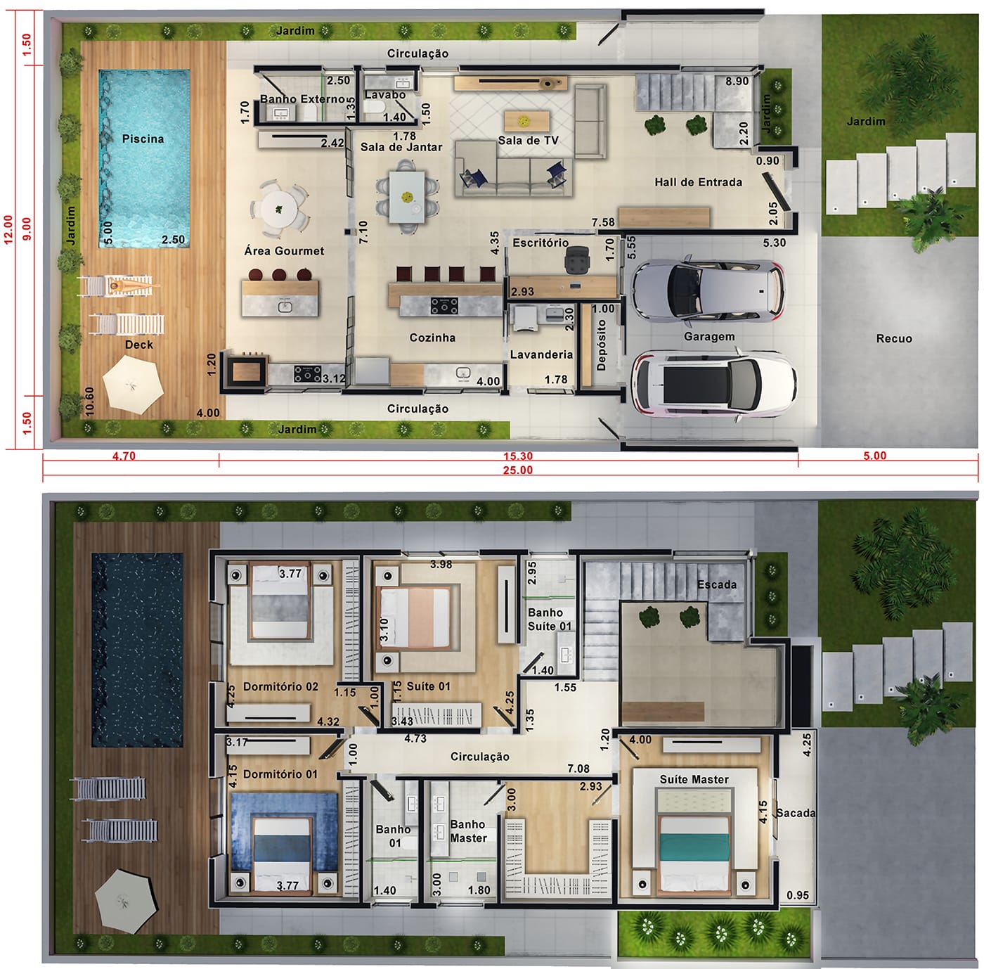 Plano de planta con suite principal y balcón12x25