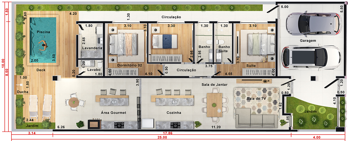 Diseño de planta baja con doble altura10x25