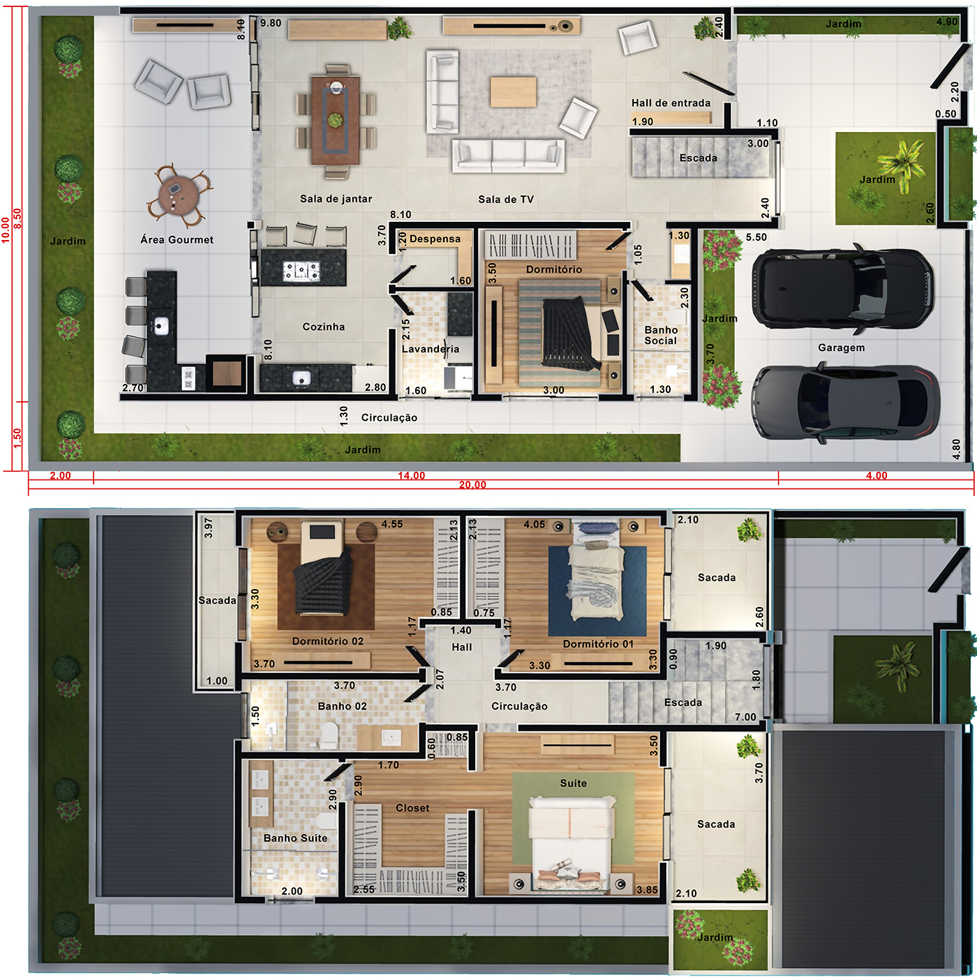 Plano de la casa con balcón al frente10x20