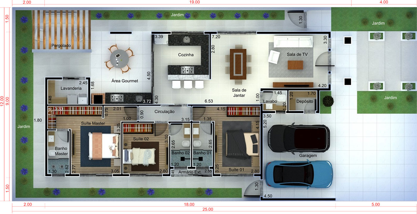 Plano de casa neoclásica de una planta12x25