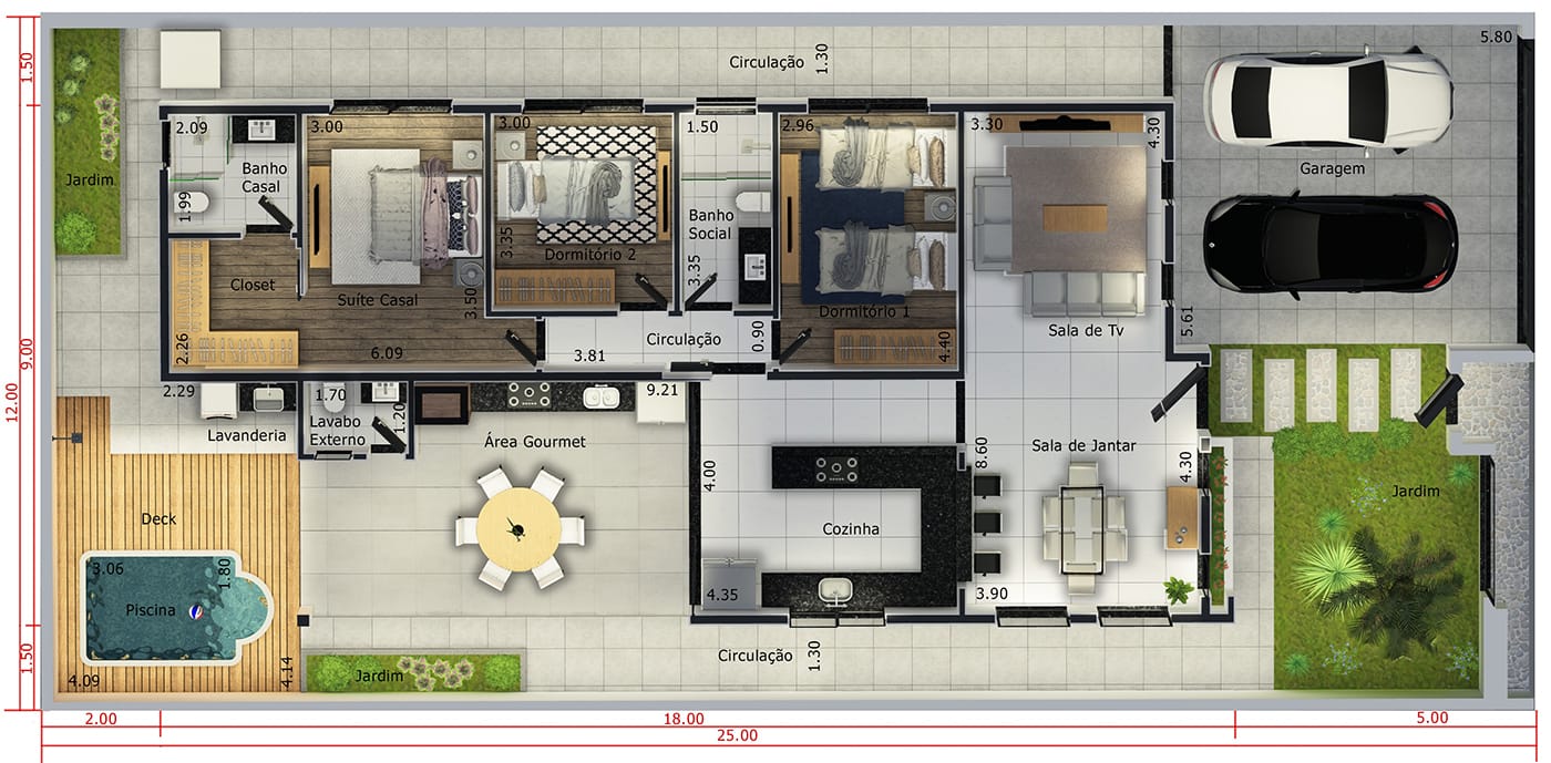Plano de casa con 2 dormitorios y 1 suite12x25