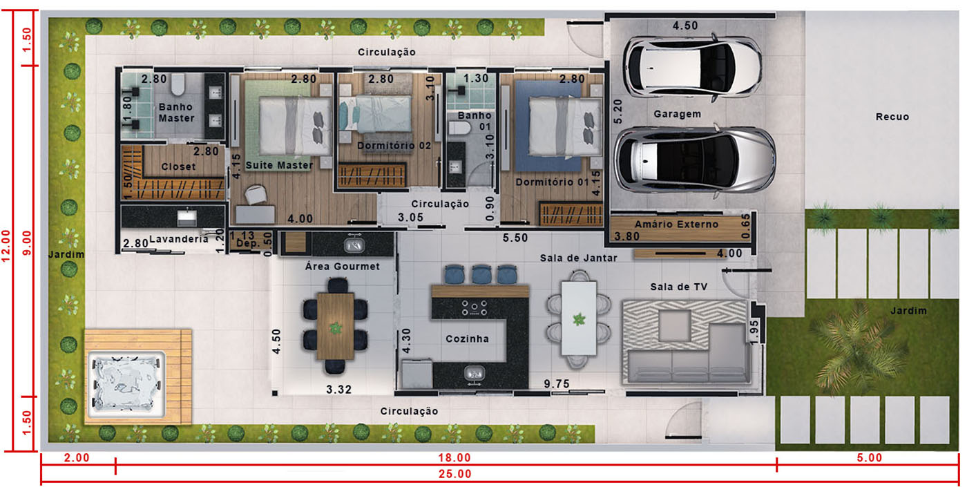 Plano de casa en planta baja con jacuzzi12x25