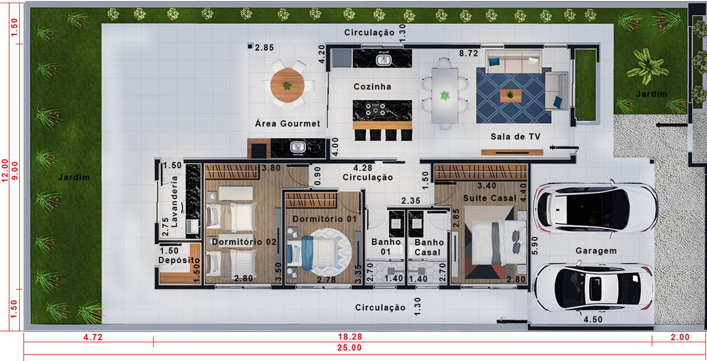 Casa de una sola planta con pared de vidrio12x25