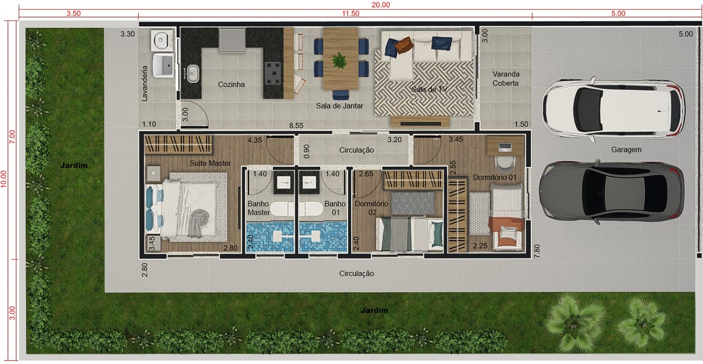 Diseño con pérgola en el garaje.10x20