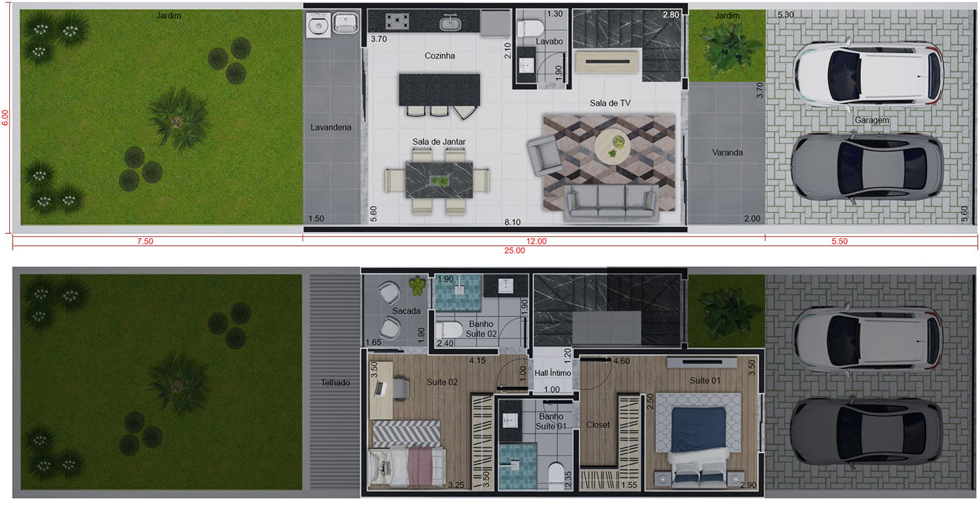 Plano de casa con 2 habitaciones6x25