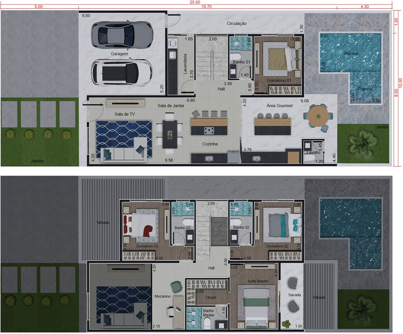 Plano de casa con 3 suites10x25