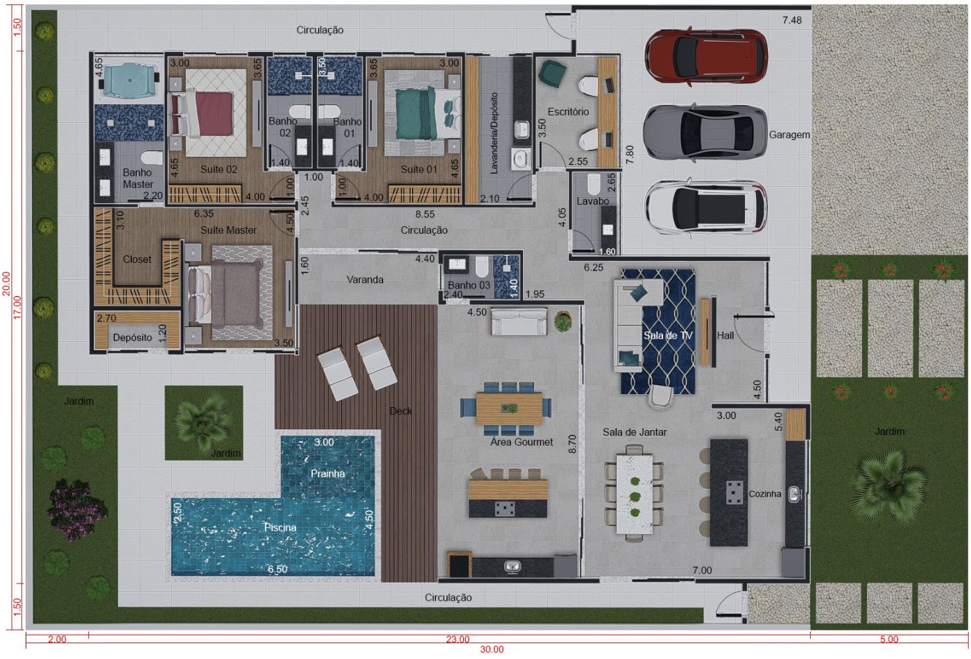 Plano de casa rustica con techo aparente20x30