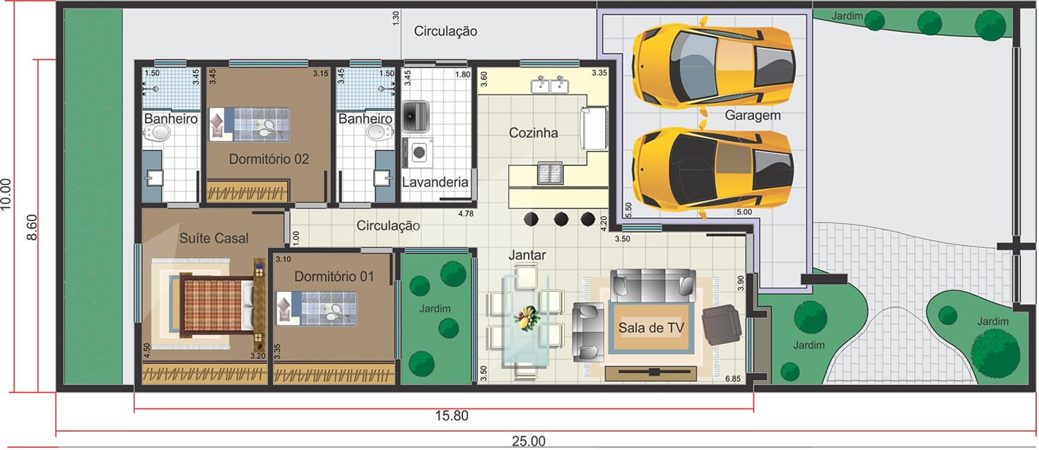 Plano de casa con ambientes integrados10x25