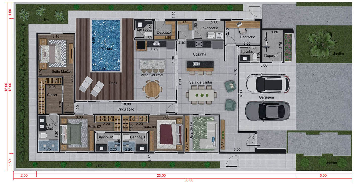 Casa terrea con 3 suites15x30