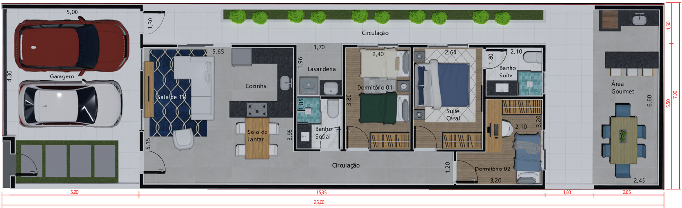 Diseño con zona gourmet de fondo7,00x25,00