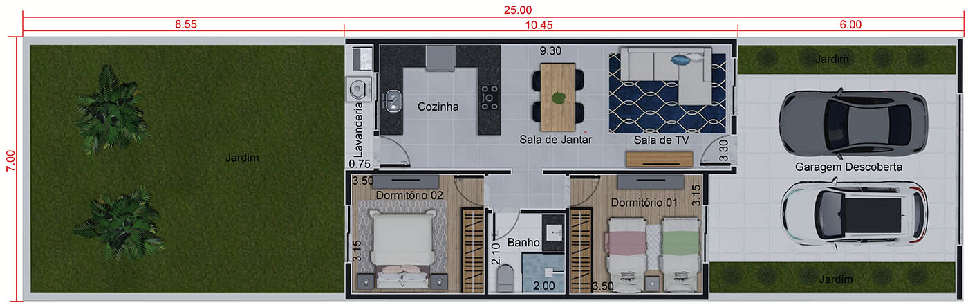 Plano de casa de una sola planta de 70m²7x25