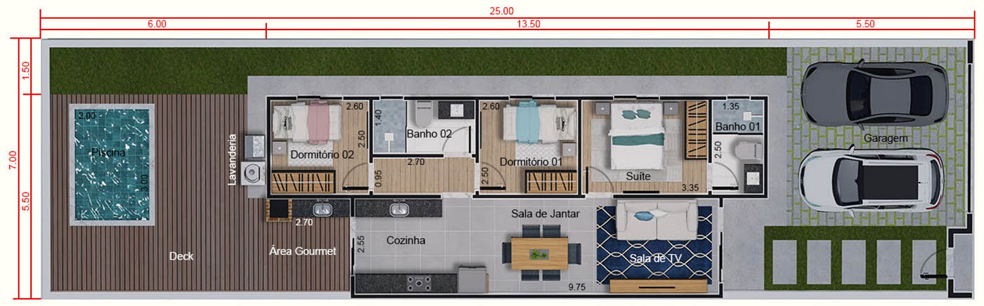 Plano de planta de 65m² con 3 dormitorios7x25