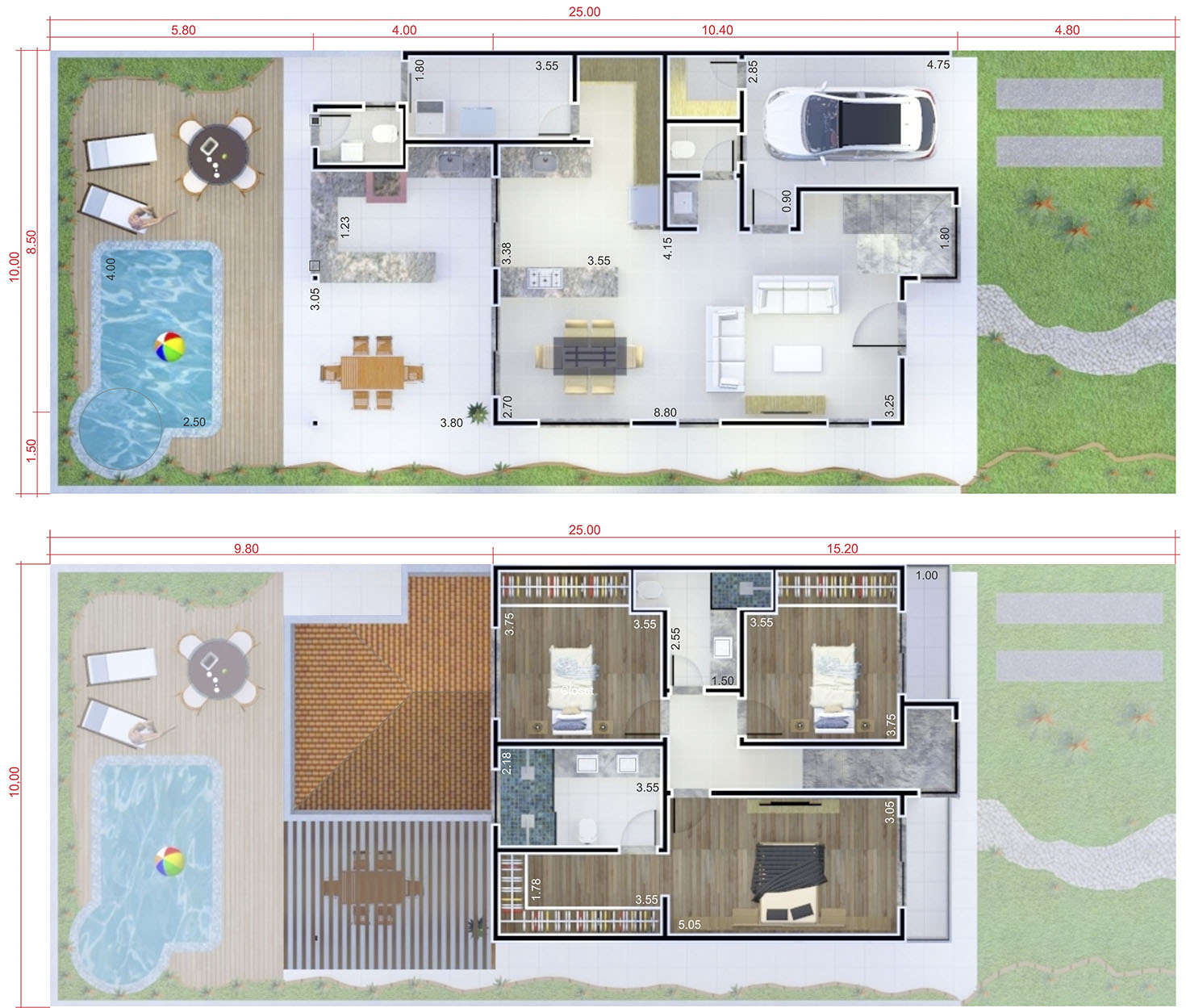 Plano de casa con zona de juegos10x25