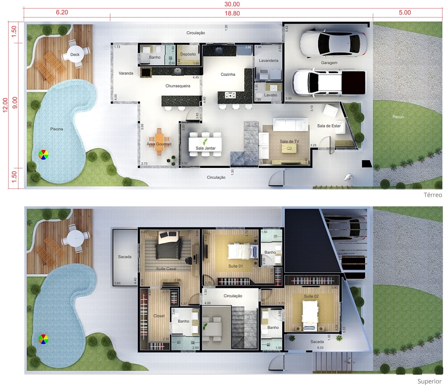 Plano de casa con pisos de madera12x30