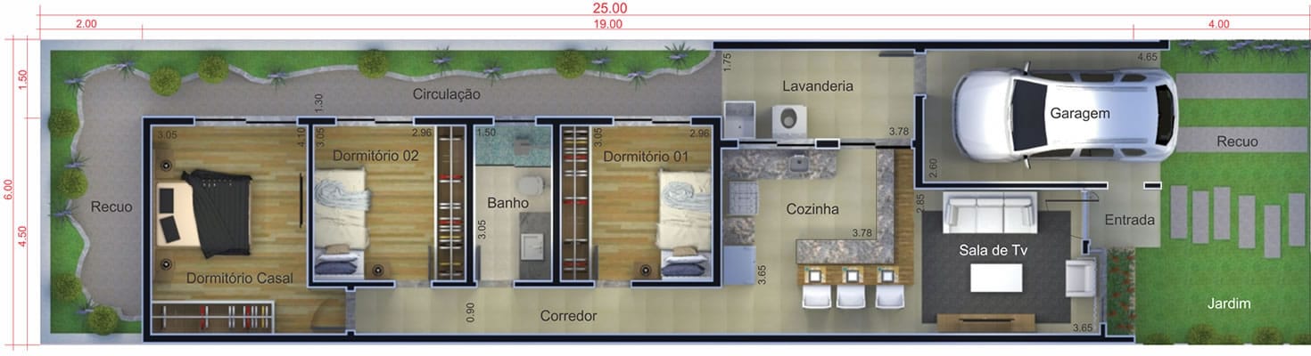 Plano de casa con ladrillo a la vista6x25