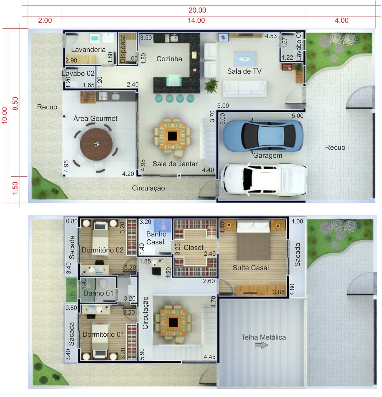 Plano de casa con techo integrado10x20