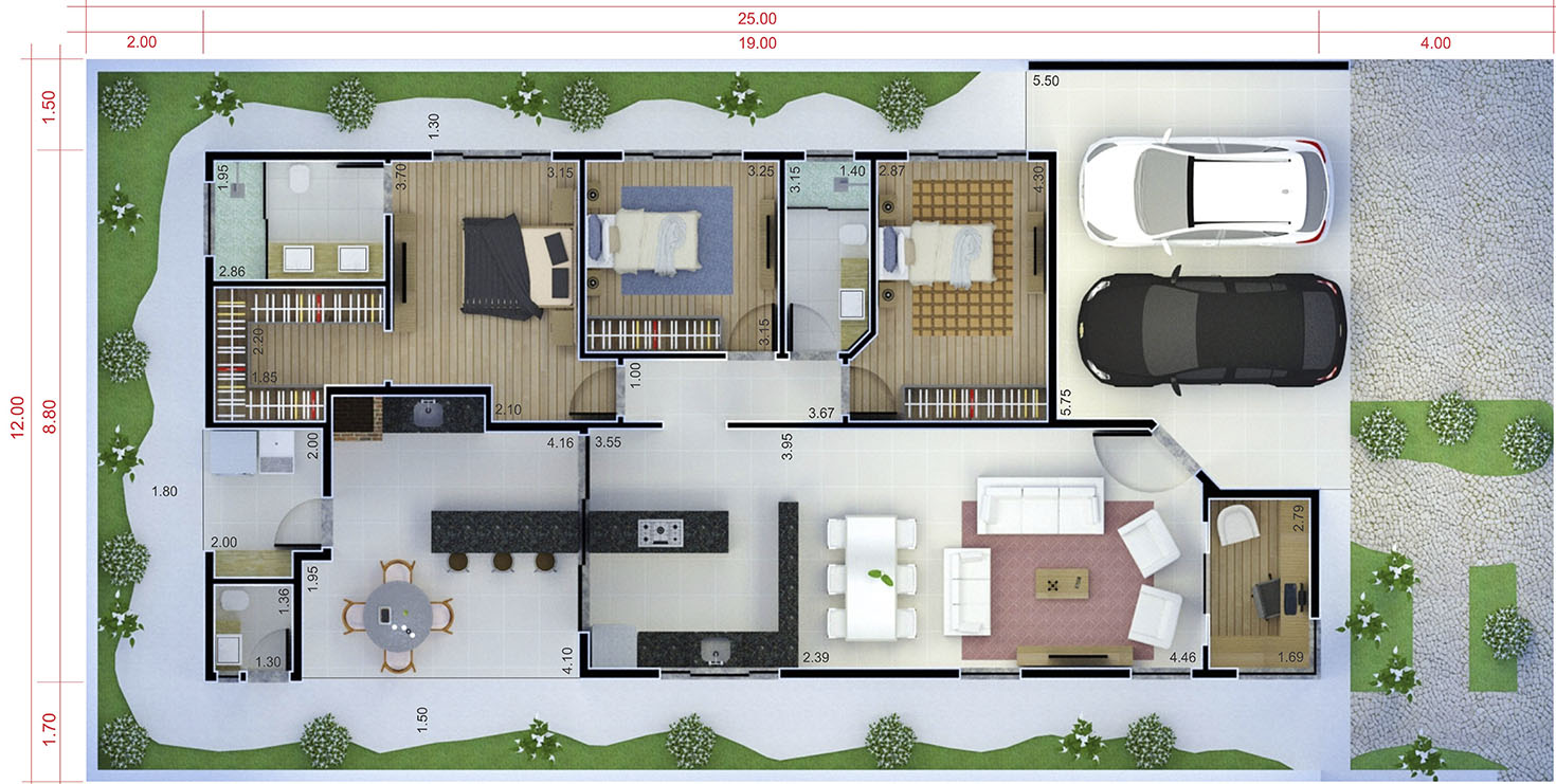 Plano de casa con aparente techo12x25