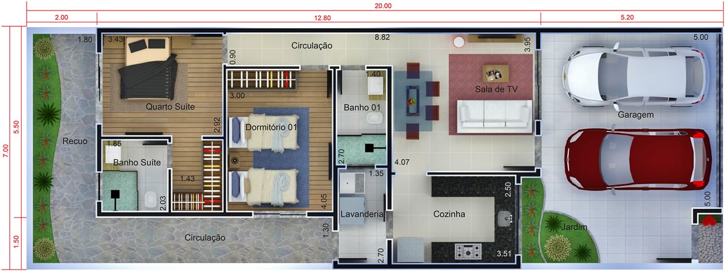 Plano de interior a tierra 7x20 metros7x20