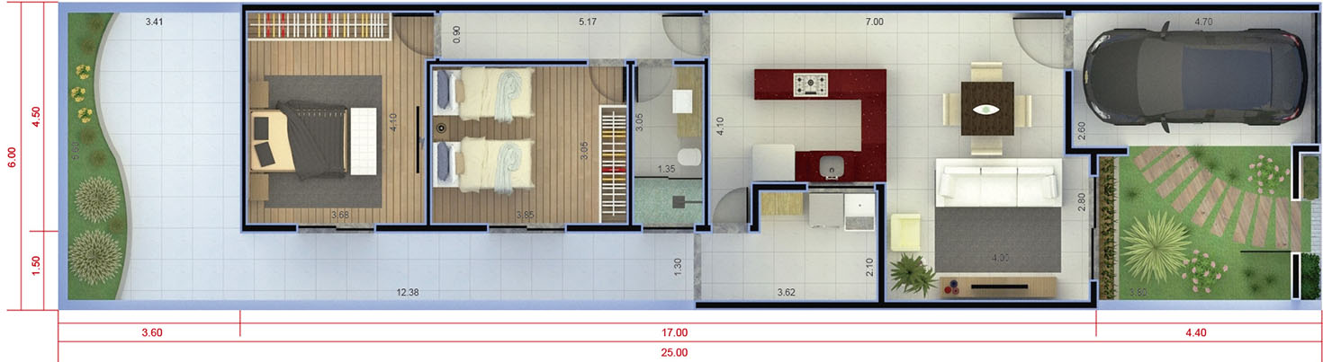 Plano de interior con 2 dormitorios6x25