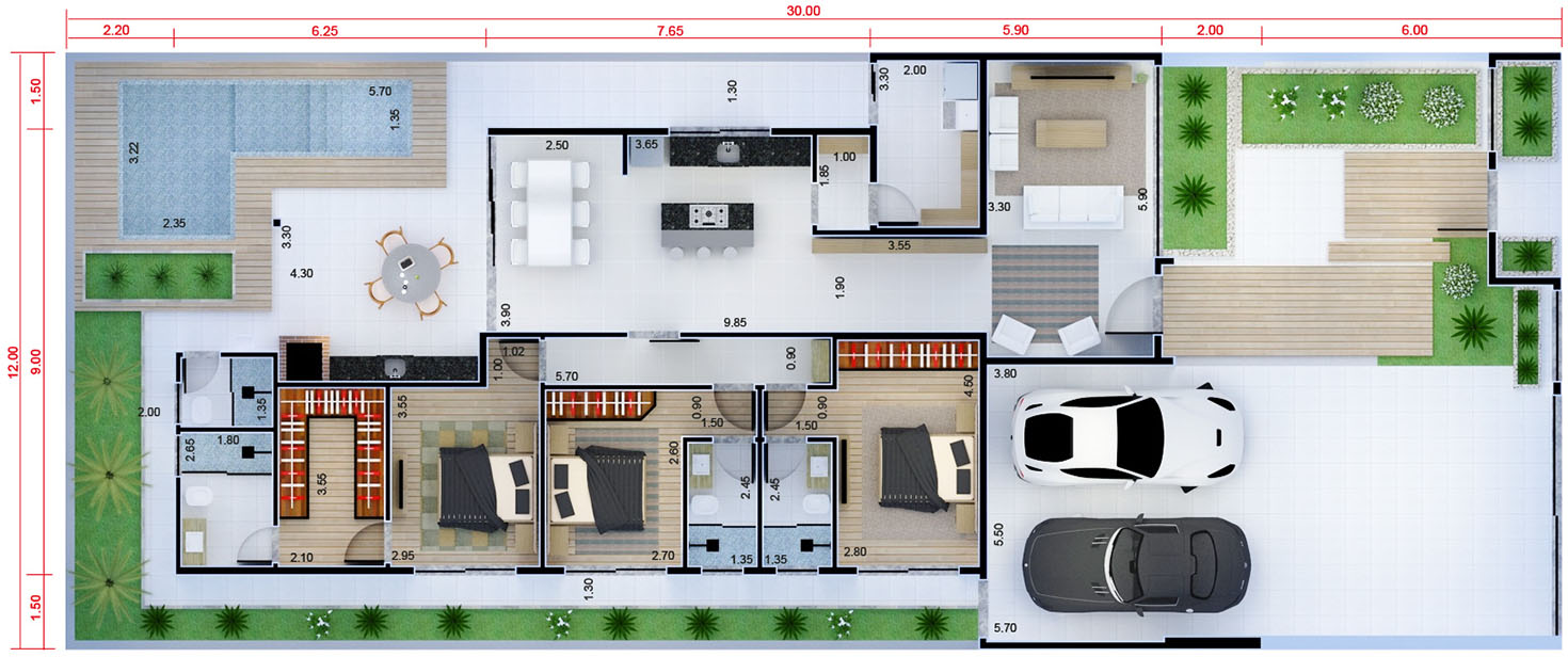 Plano de interior planta baja con 3 suites12x30