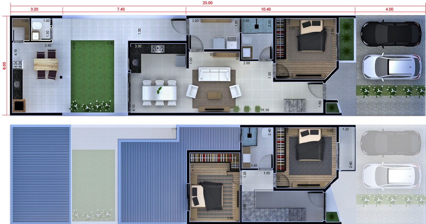 Plano de casa con dormitorio debajo6x25