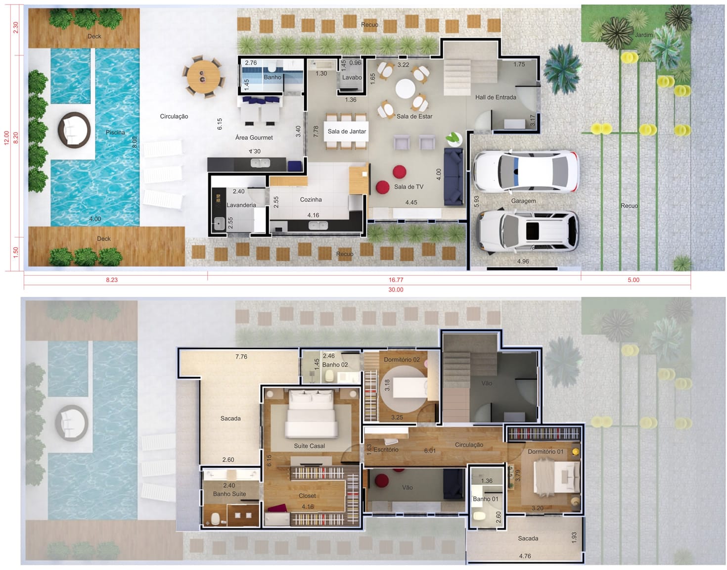 Plano de casa con 3 habitaciones12x30