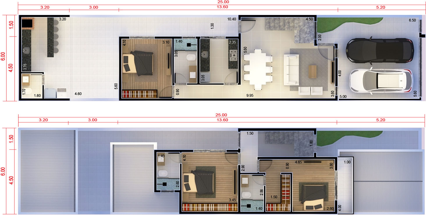 Plano de casa con habitación de abajo6x25