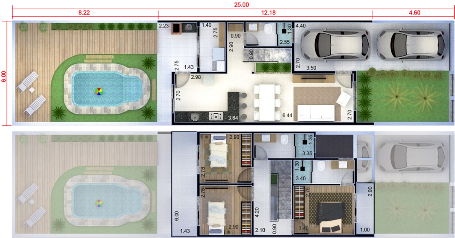 Plano de casa pequeña y moderna6x25